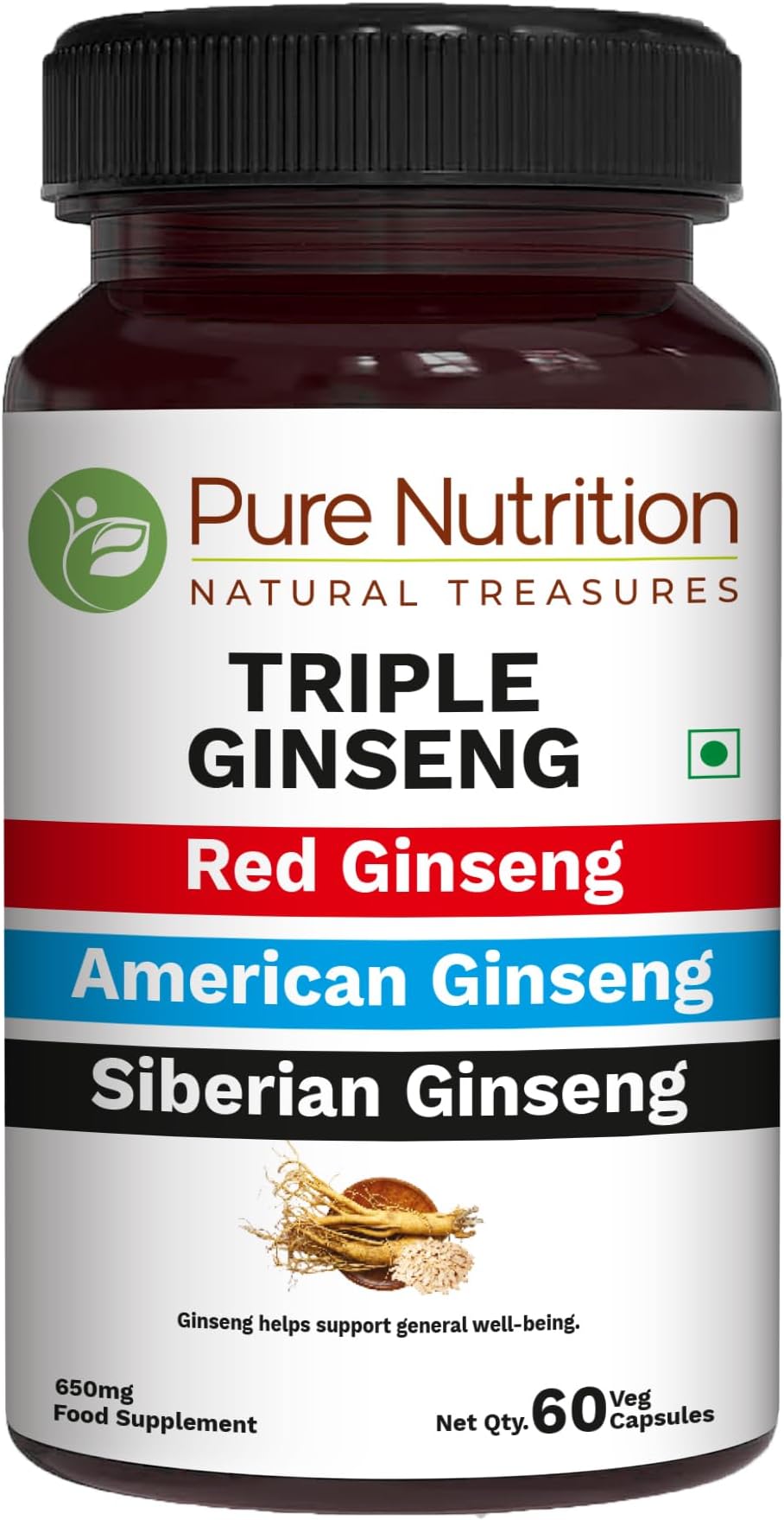 Pure Nutrition Triple Ginseng 650mg | 60 Caps | Supplement for Men and Women | Highly Effective Combination of Red, American and Siberian Ginseng. Non GMO