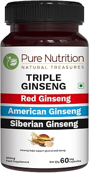 Pure Nutrition Triple Ginseng 650mg | 60 Caps | Supplement for Men and Women | Highly Effective Combination of Red, American and Siberian Ginseng. Non GMO