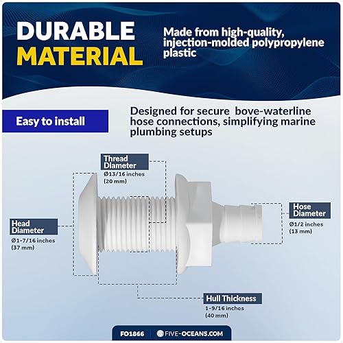 Vista 16 de Five Oceans Accesorios de casco de 3/4 pulgadas para barco, polipropileno moldeado por inyección blanco, púas, resiste condiciones duras - FO1863