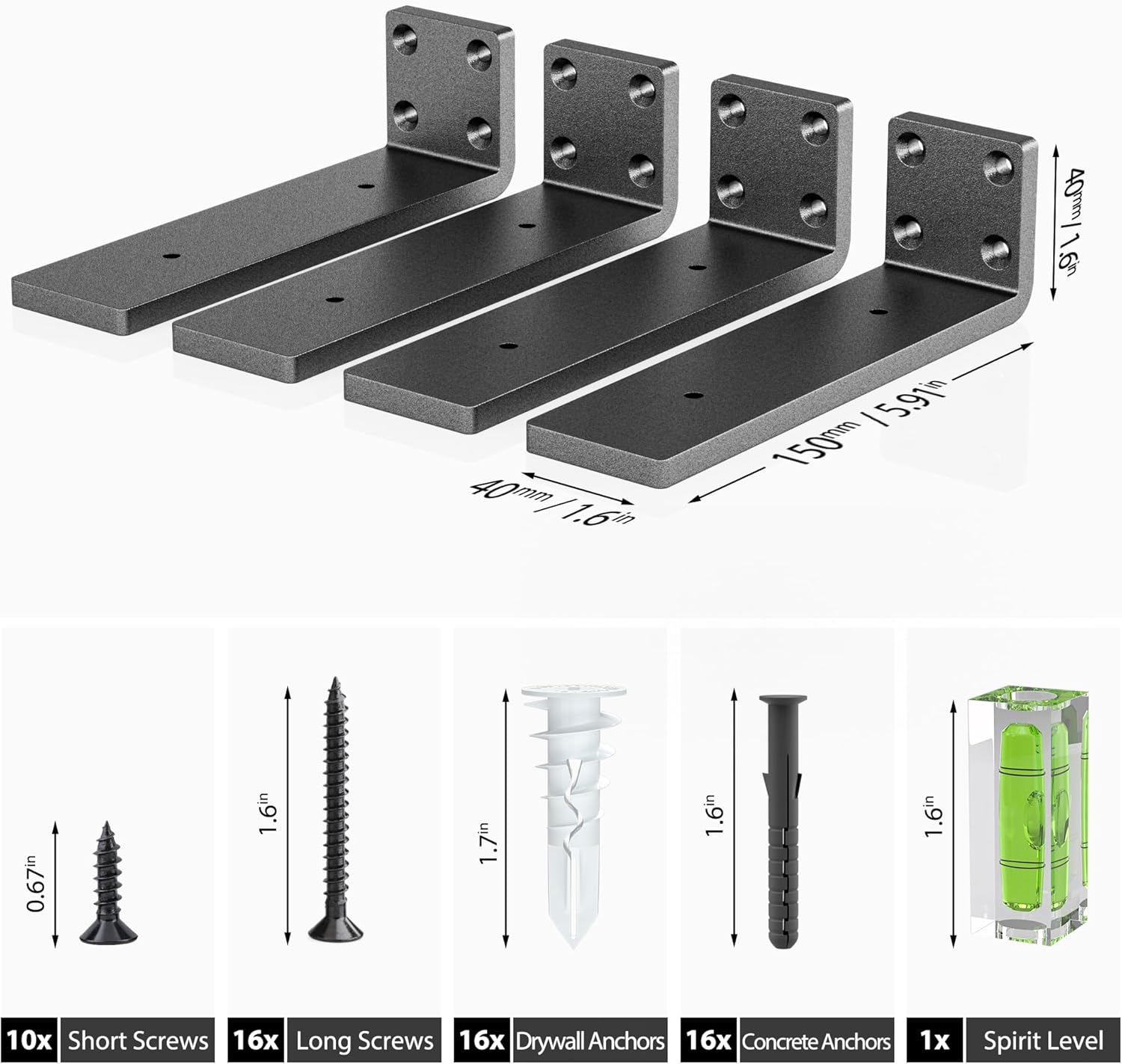 Heavy Duty Metal Shelf Brackets 6-Inch, Set of 4, Modern Black Matte Finish, 1/5 Thick Steel, Easy-to-Install, Strong Support for Shelves, Versatile & Stylish