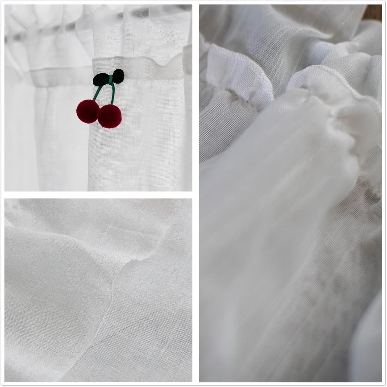 Short Curtain for Small Window Cotton Linen White Sheer Voile Tulle Tier Curtain with Red Cherry Window Treatment Valance Window Panel Drapes Half Curtain for Kitchen Café Bedroom