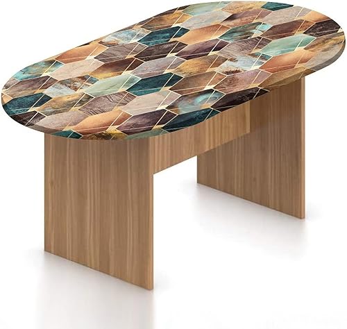 XISUNYA Mantel ovalado ajustado de poliéster elástico natural, mantel ajustable con estampado de diamantes y hexágonos de colores, se adapta a mesas