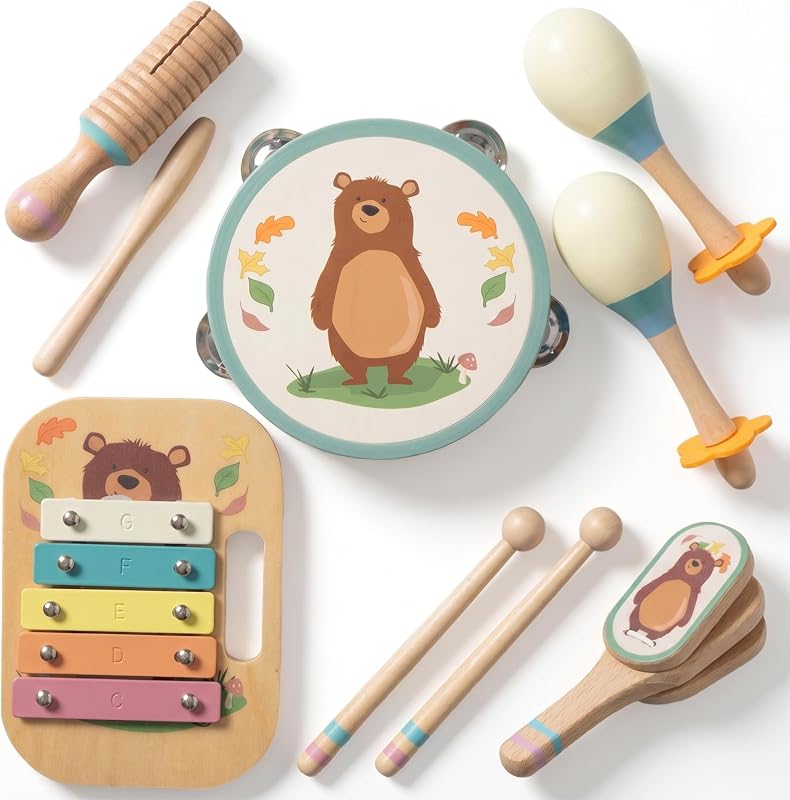 Wooden Musical Instruments Set for Toddlers 1-3, Montessori Toys | Natural Wood Percussion Instruments Xylophone Gift for Girls Boys Kids,Preschool Musical Toys with Storage Bag