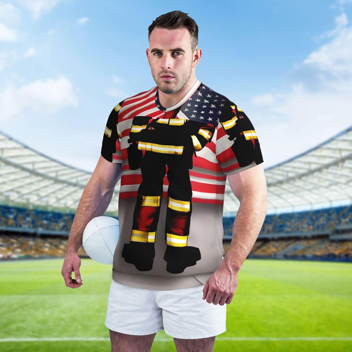 Red Stripe Firefighter USA Flag Rugby Football Jersey for Men, Comfortable V-Neck Loose Fit Top for Team Sports Athletics