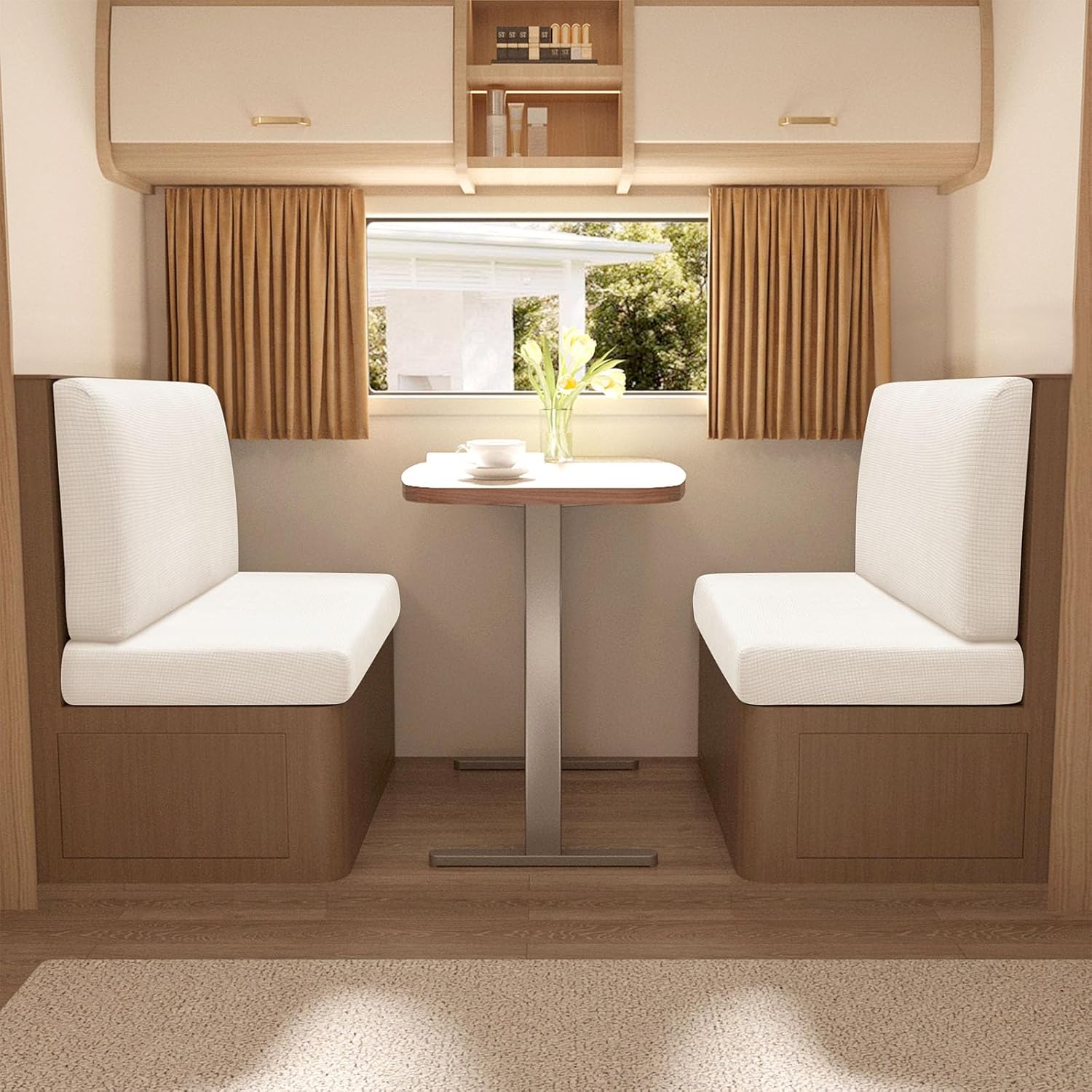 TAISEI Simple RV Dinette Cushions Covers, Stretchable RV Couch Cover with Straps Loveseat Sofa Slipcover RV Camper Couch Cover RV Seat Covers(Beige)