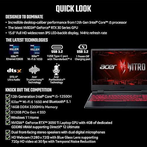 Miniatura 6 de Acer Nitro 5 AN515-58-57Y8 - Laptop para juegos  Intel Core i5-12500H  GPU NVIDIA GeForce RTX 3050 Ti  Pantalla IPS FHD de 15.6 pulgadas 144Hz  DDR4