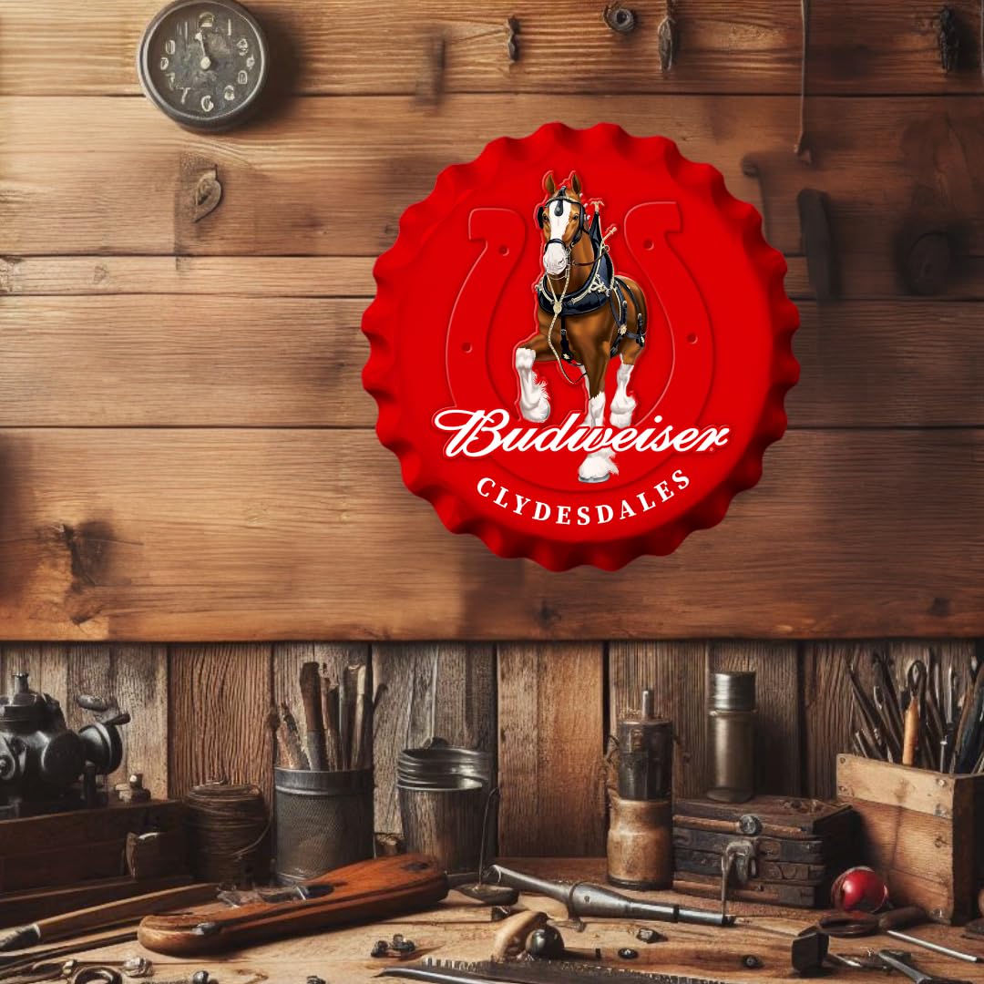Desperate Enterprises Bud Clydesdale - Letrero de tapa de botella – Señales de garaje – Señales de cerveza – Señales de metal vintage – Cartel de tapa de botella Budweiser – Hecho en los Estados