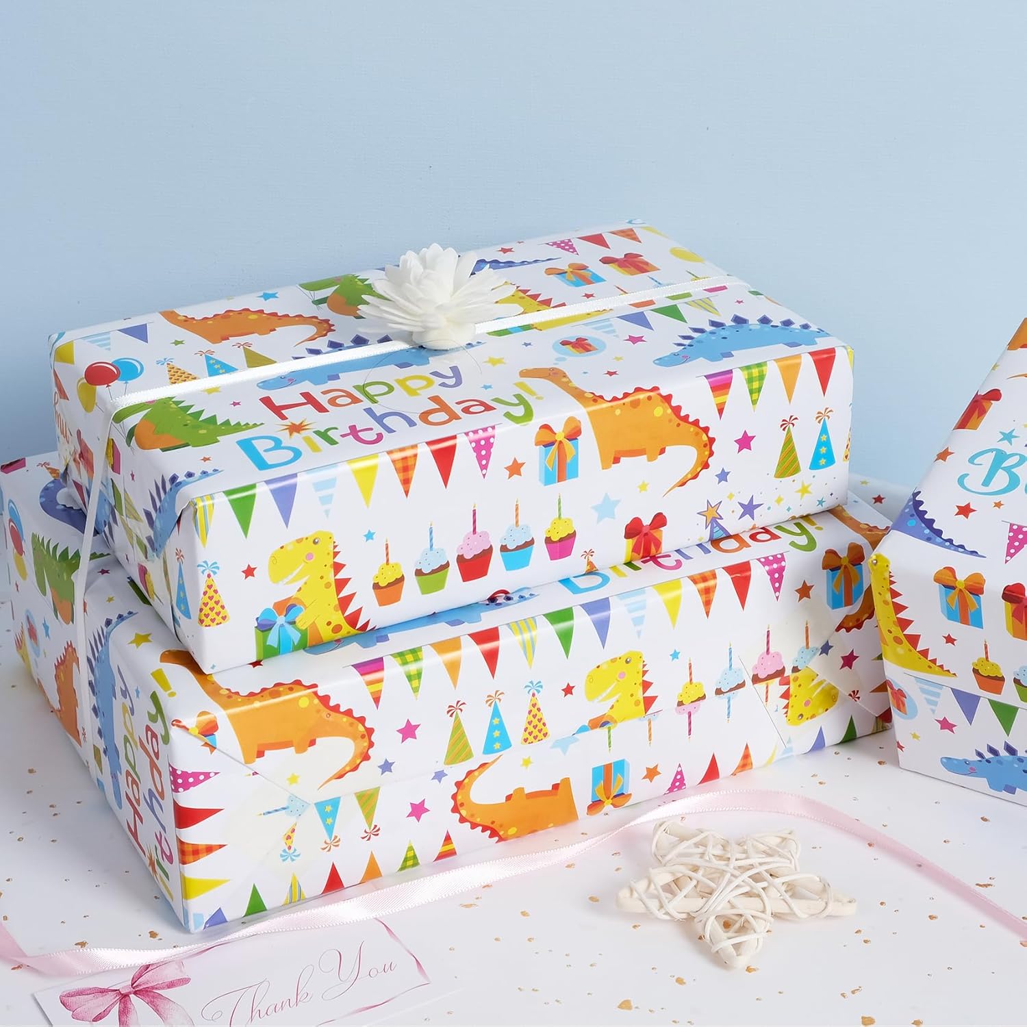 Condition photo showing New/Like New for dinosaur wrapping paper jumbo roll 30 inch x 32 feet happy birthday wrapping paper rolls for boys girls kids cute colorful dino gift wrap paper for bday,party,holiday,baby showers,christmas,diy multi dinosaurs 30in*32ft