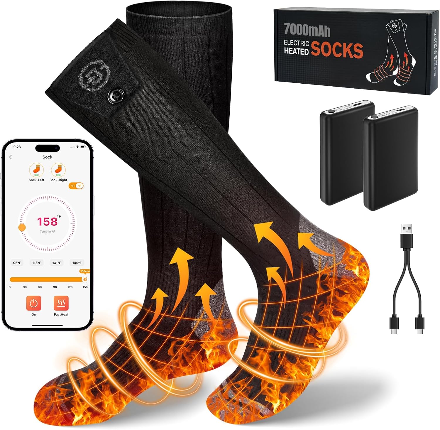 Heated Socks for Men Women with 2*7000mAh APP Control Rechargeable Battery Electric Sock Up to 12H, Heating Warm Thermal Winter Foot Warmer Sock for Hunting Skiing Hiking Camping Outdoor Work