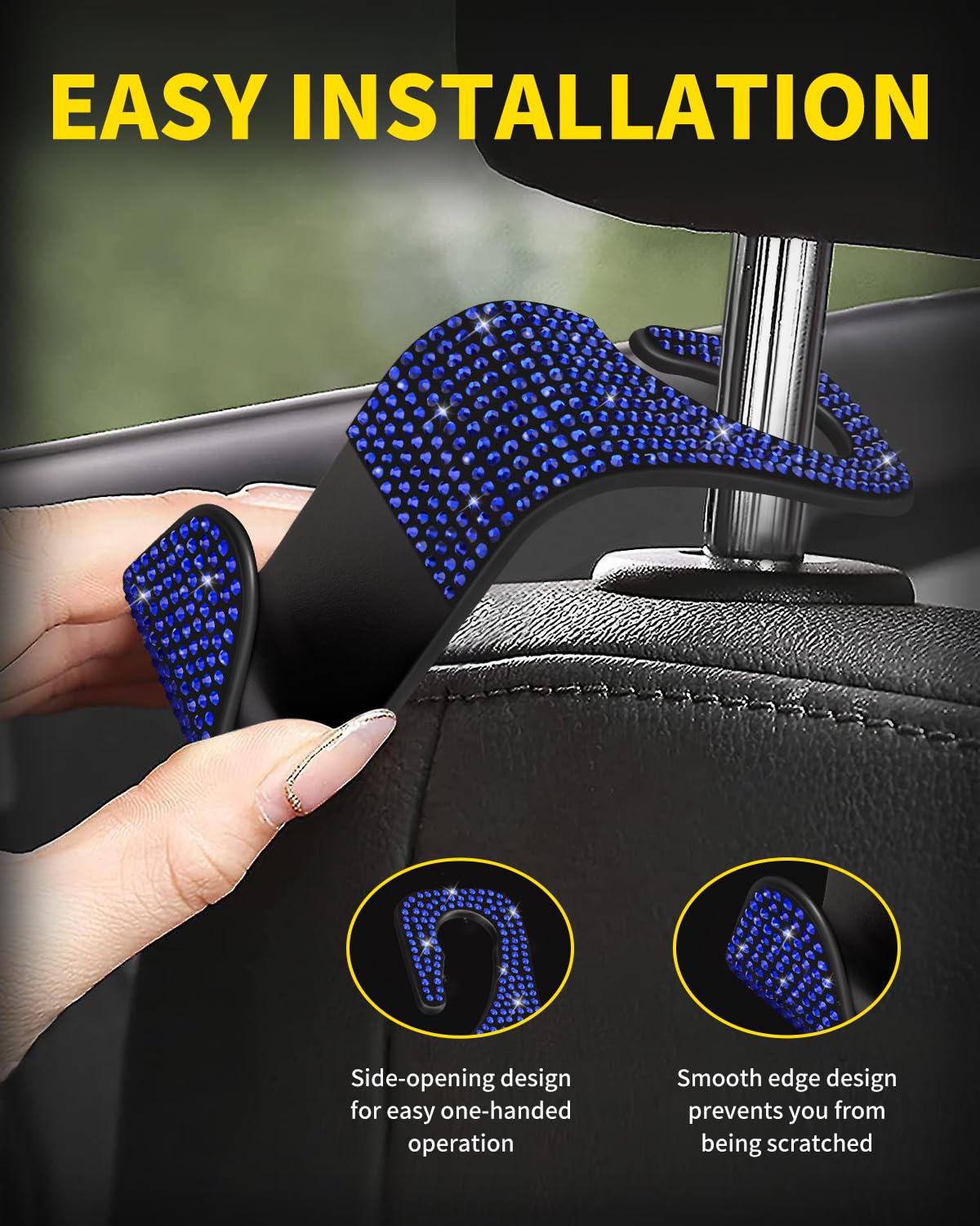MEALAM Auto Kopfstützen-Haken 4er Set: Blinkend Mit Strasssteinen - Universal Für Handtaschen & Mehr