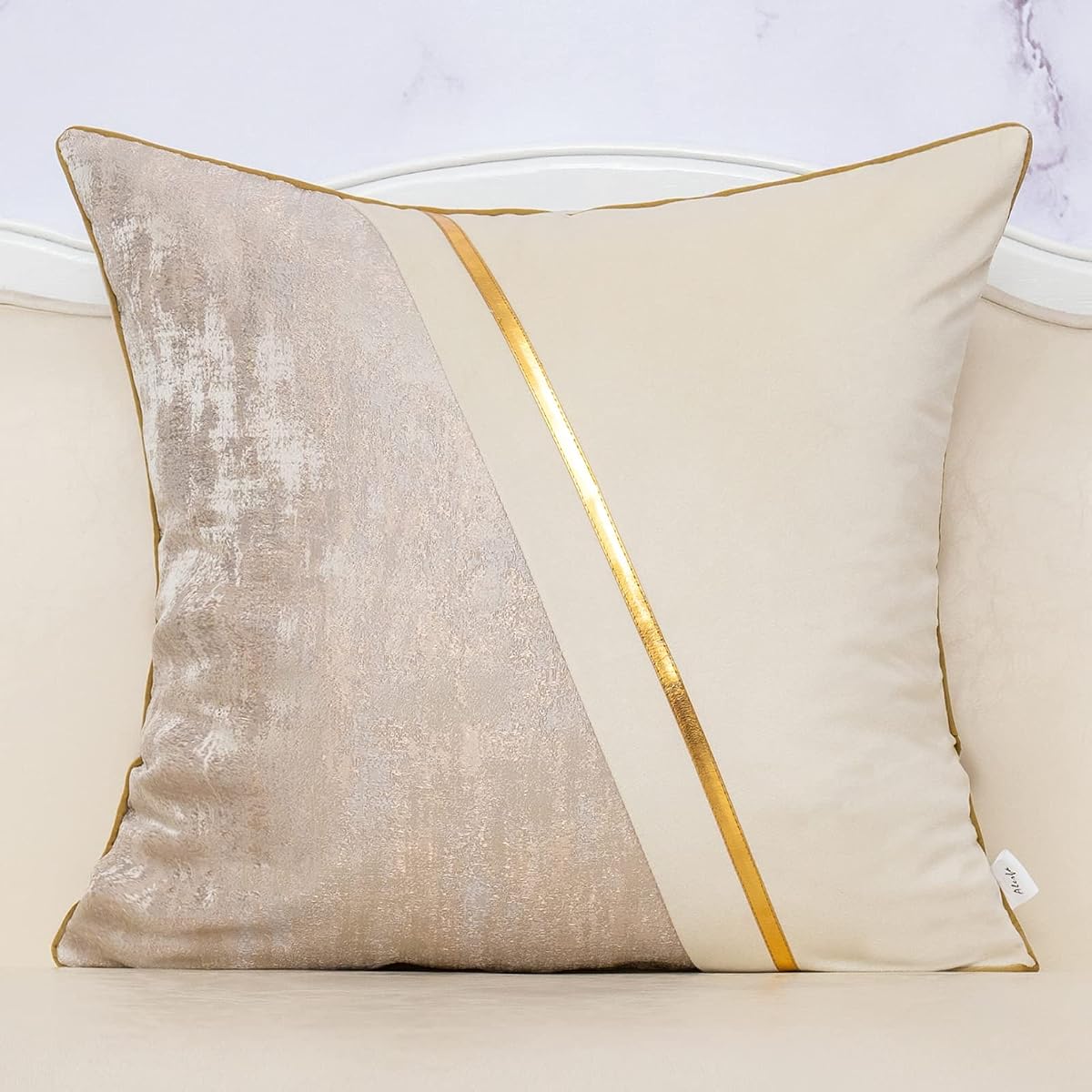 18 x 18 Inch Off White Beige Gold Leather Patchwork Velvet & Polyester Cushion Case Luxury Modern Square Throw Pillow Cover Decorative Pillow for Couch Sofa Living Room Bedroom Car 45 x 45cm