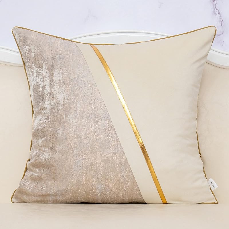 18 x 18 Inch Off White Beige Gold Leather Patchwork Velvet & Polyester Cushion Case Luxury Modern Square Throw Pillow Cover Decorative Pillow for Couch Sofa Living Room Bedroom Car 45 x 45cm