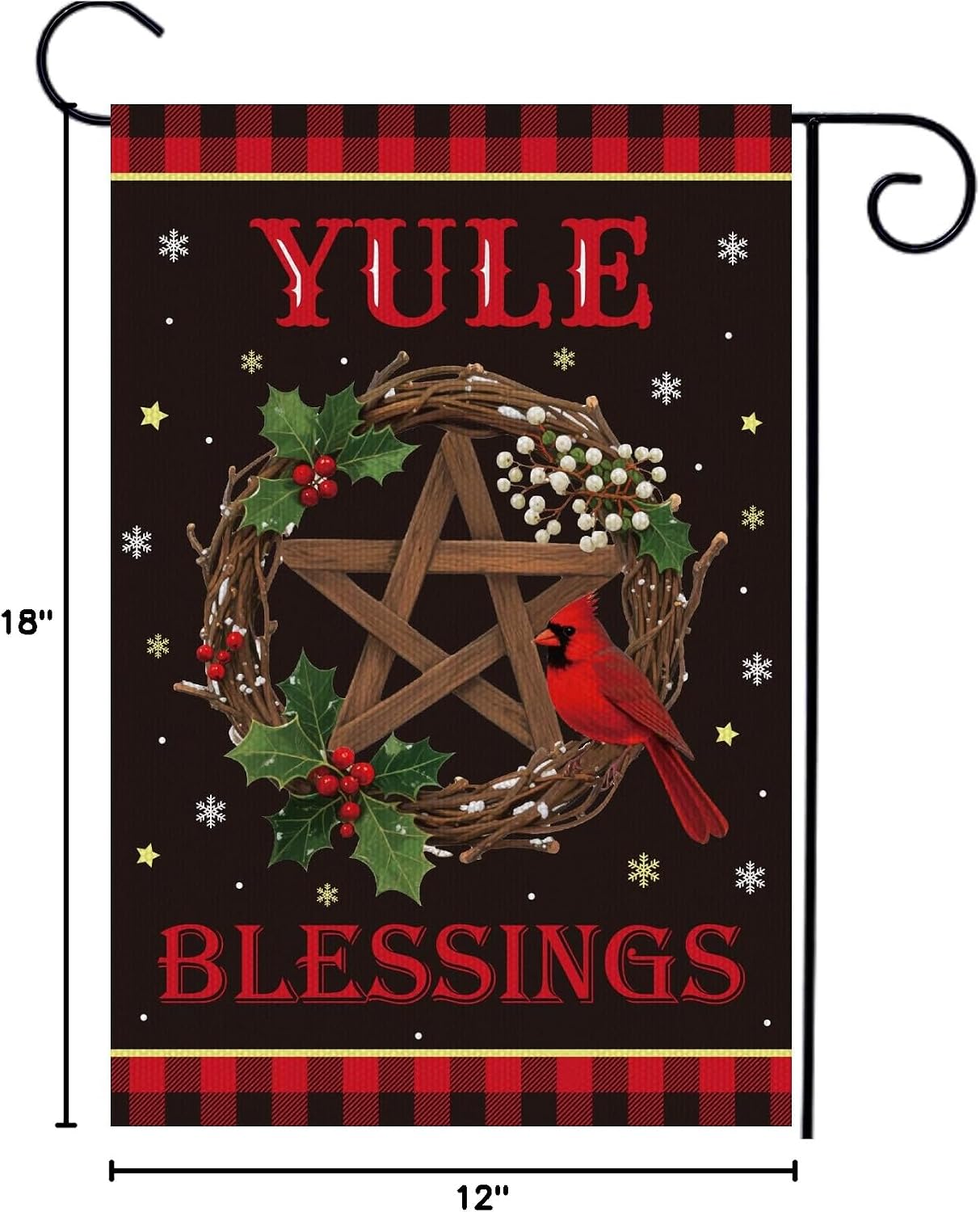 Christmas Garden Flags for Outside - 12 x 18 Inch Yule Pagan Hexagram Garden Flags for Home Party Decoration, Black Red Banner New Year Winter Festival Home Party Outdoor Decoration