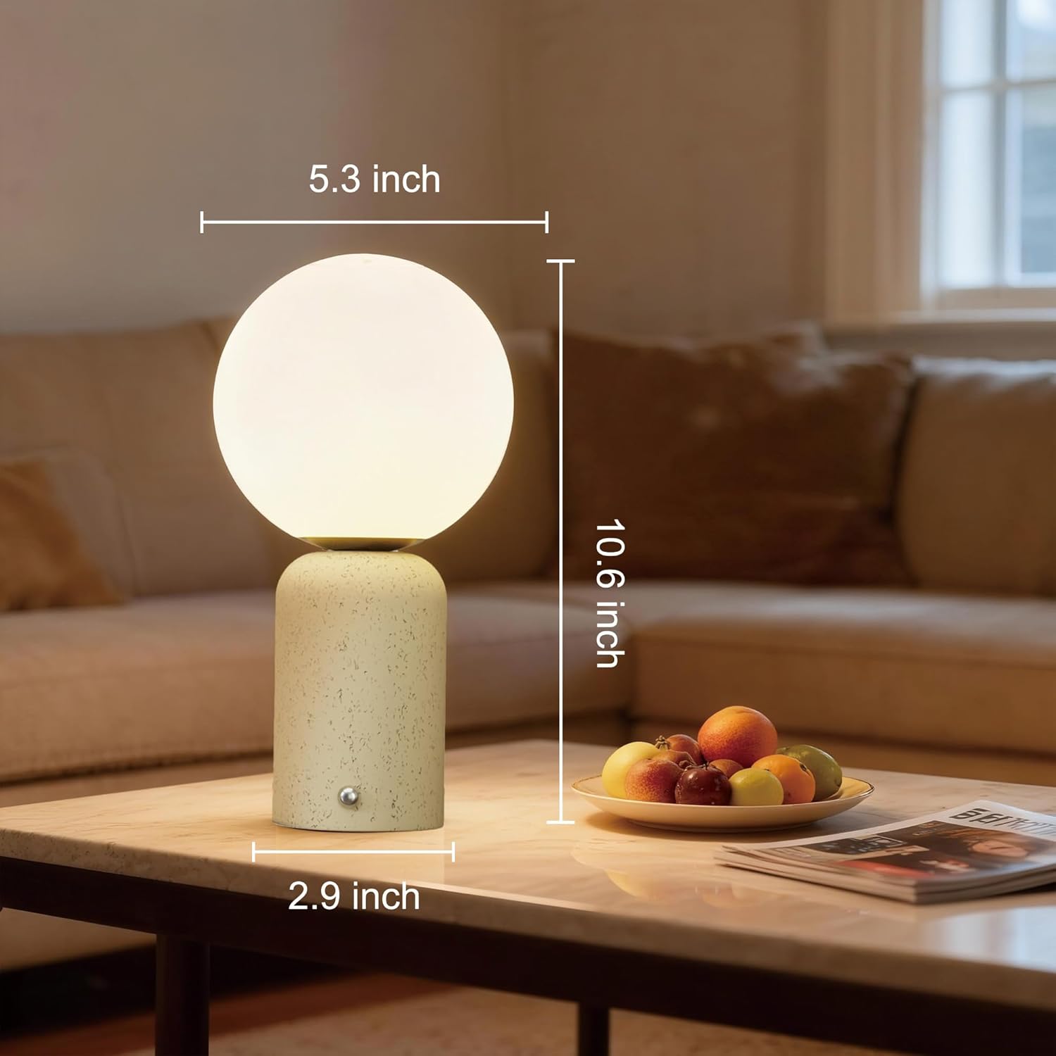 10.6 inch Mushroom Lamp, Cute Cordless Rechargeable Table Lamp with Glass Shade, 3 Color Temps LED Dimmable Ambient Lighting, Small Retro Touch Bedside Light for Decor, Resin Base.