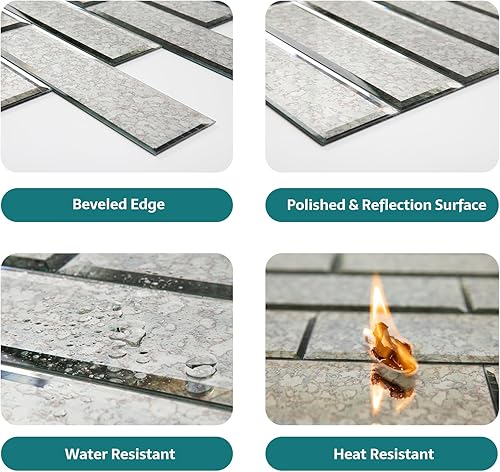 Miniatura 4 de Soulscrafts Azulejos de espejo antiguo para salpicaduras de despegar y pegar, azulejos de metro de espejo biselado de 3 x 10 pulgadas para cocina,