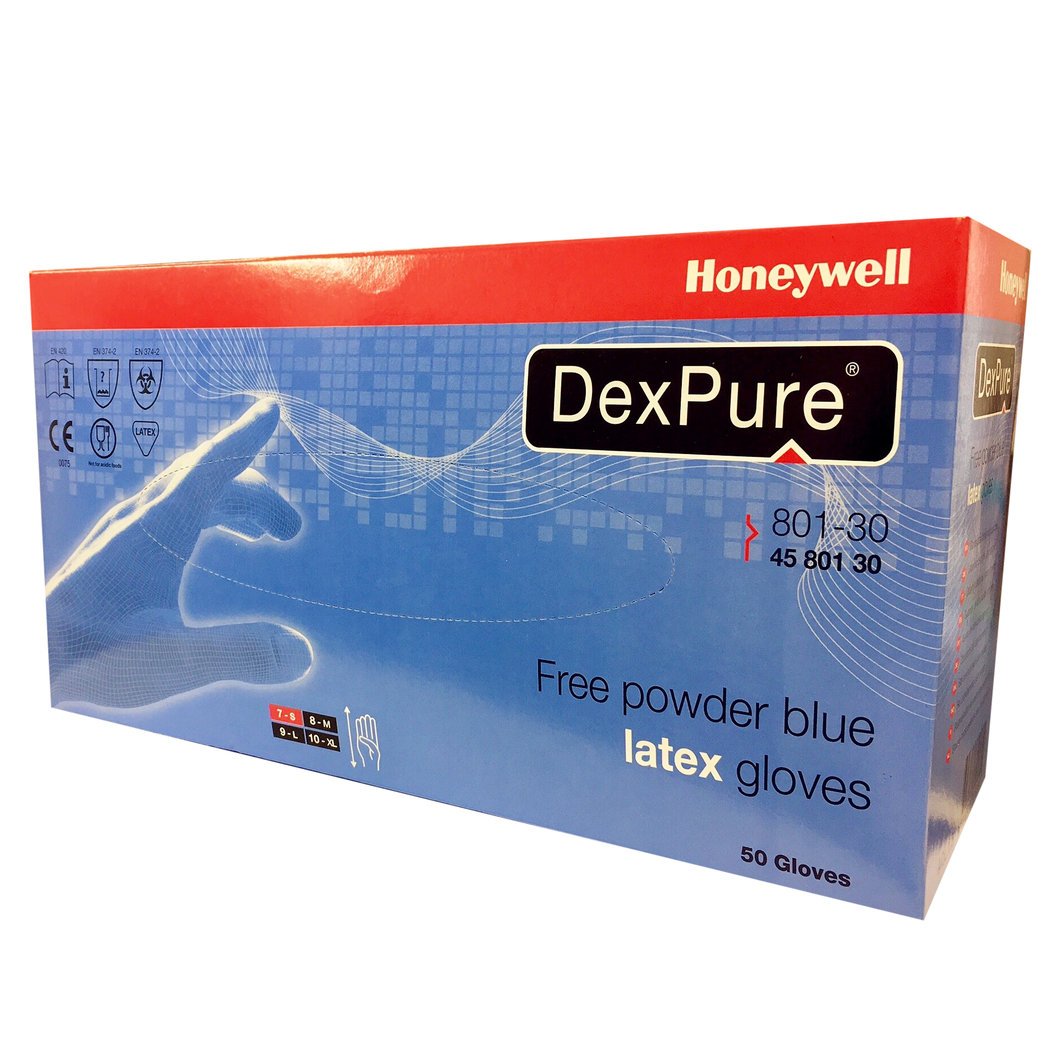 Honeywell DexPure 801-30 Guanti Protezione Chimica Monouso in Lattice, Ambidestri, Lunghezza 26.6 cm, Blu, Taglia 10XL, 4580130-10 (Confezione da 50 Guanti)
