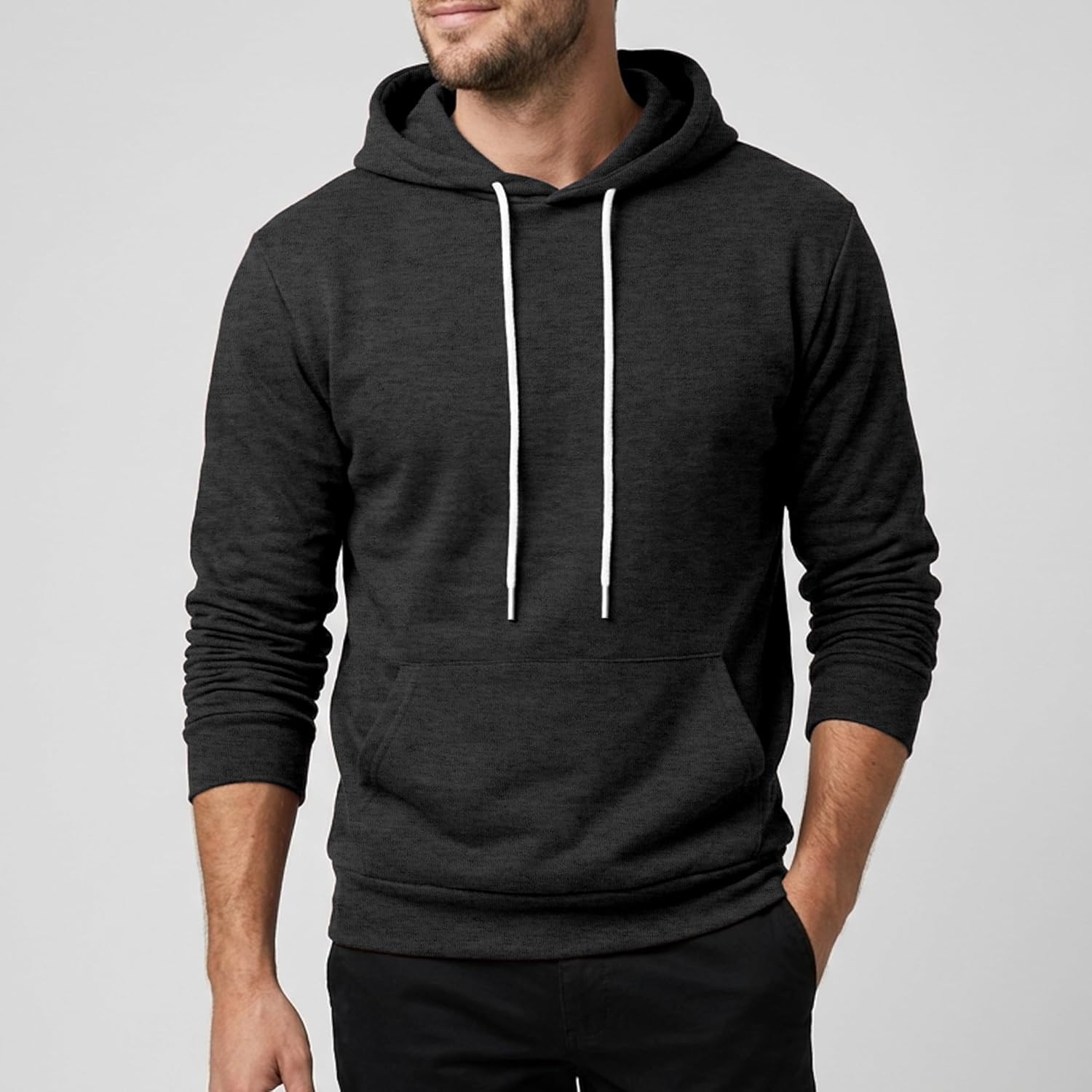Ohoo Mens Slim Fit Plain Pullover Hoodies Soft Cotton Fabric Sweatshirt Lightweight Long Sleeve with Kanga Pocket