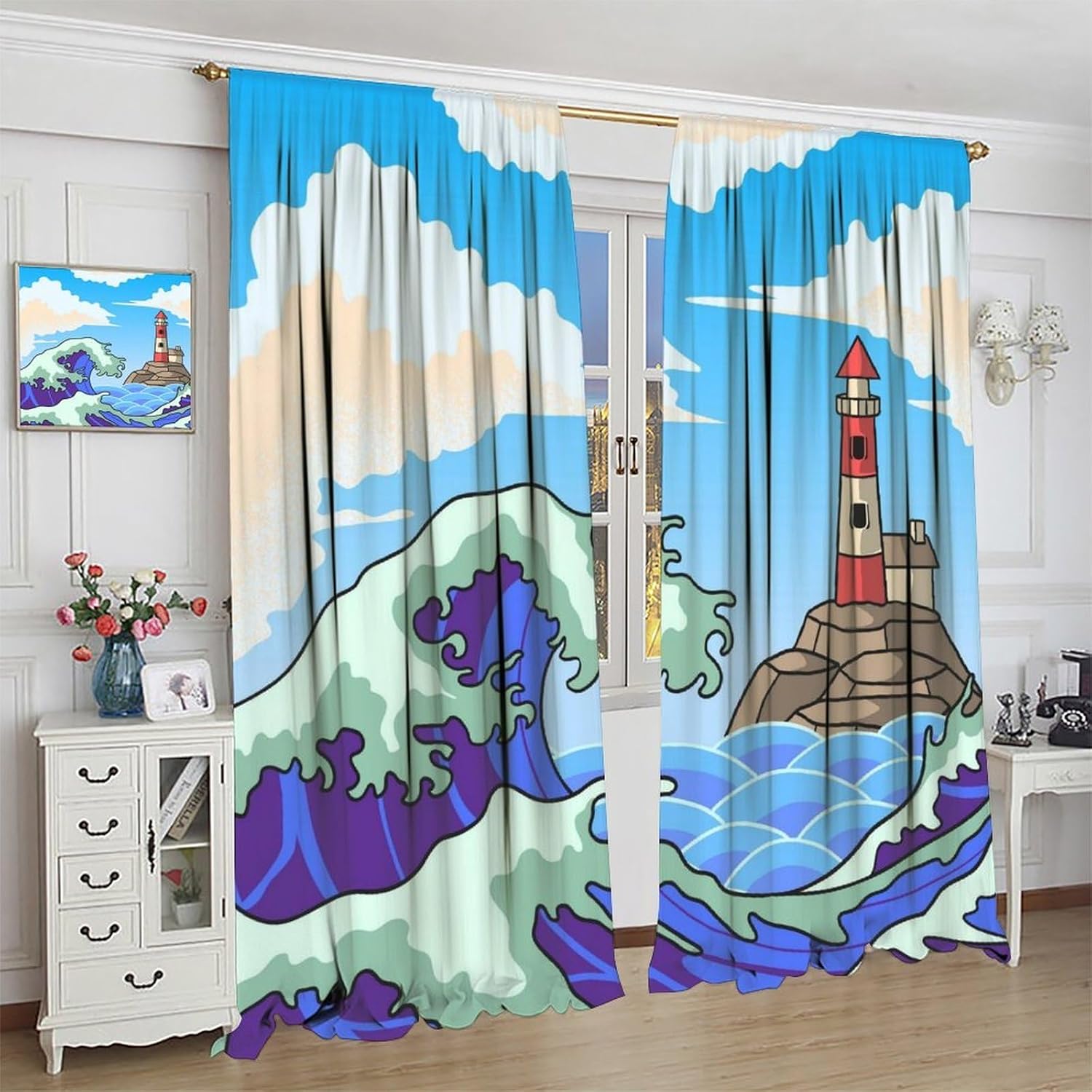 Lighthouse Blackout Curtains, Watercolor Sea Wave Lighthouse Print Rod Pocket Window Drapes, for Bedroom Living Room 42" W X 54" L