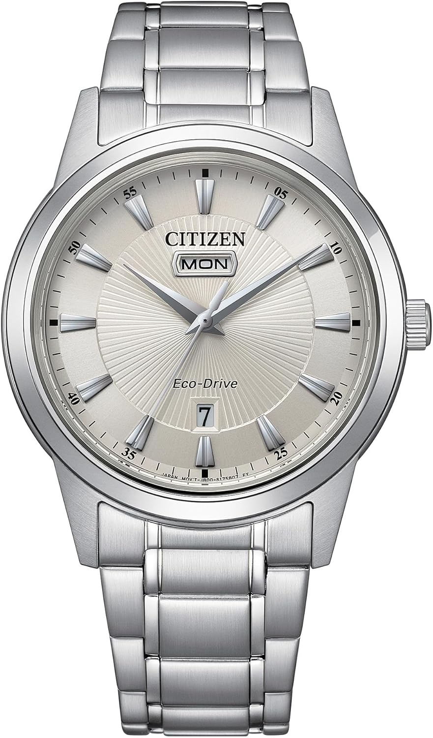 西铁城男士光动能经典正装腕表，银色不锈钢表链，象牙色表盘，三指针，日期/星期显示（型号：AW0100-86B）