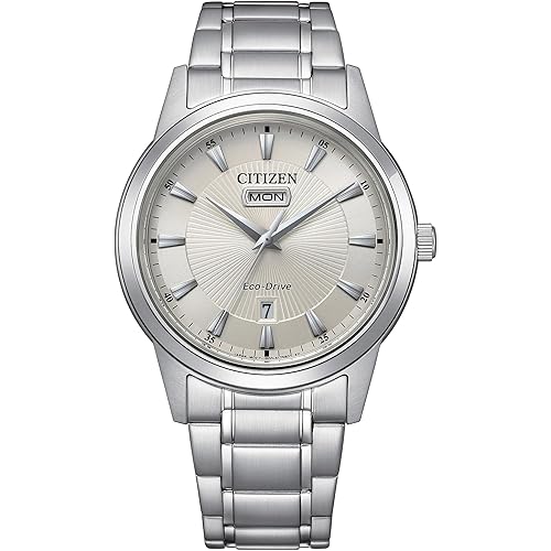 Citizen Men's Eco-Drive Dress Classic Watch, Silver-Tone Stainless Steel Bracelet, Ivory Dial, 3 Hand, Day/Date (Model: AW0100-86B)