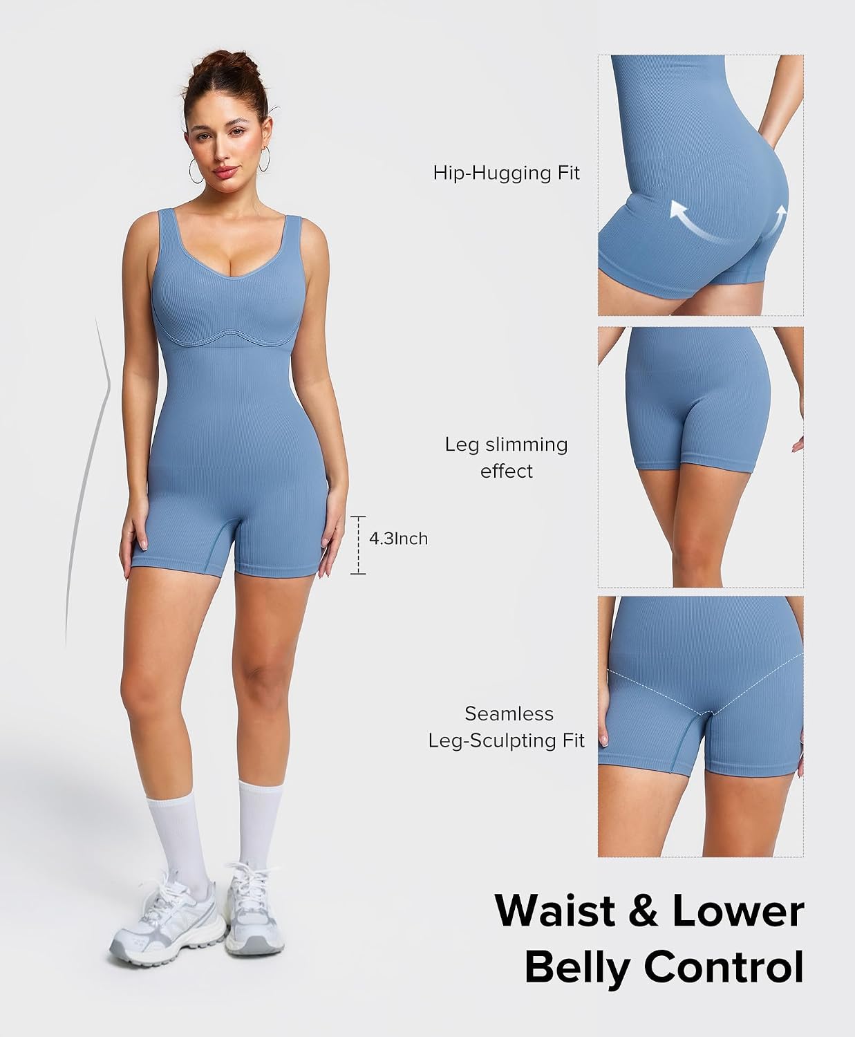 BRXL One Piece Workout Jumpsuit for Women Built in Bra Athletic Rompers U Neck Seamless Compression Short Bodysuit Gym