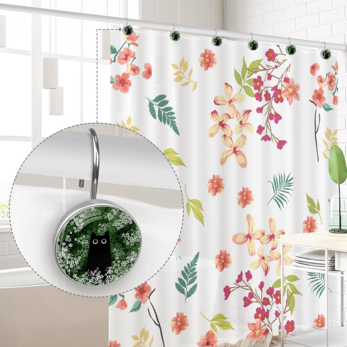 12 Packs Black Cat Floral Shower Curtain Hooks, Stainless Steel Glass Shower Curtain Rings for Bathroom, Rustproof Metal Curtain Rod Hooks