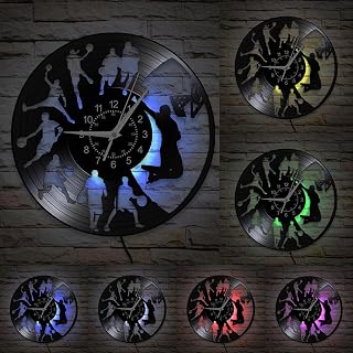 Basketball Clock, 7 Colors LED Lighting 12 Inch Basketball Players Wall Clock Silent Quartz Non Ticking Modern Decorative Analog Night Light Vinyl Record Wall Clock Watch for Man Cave