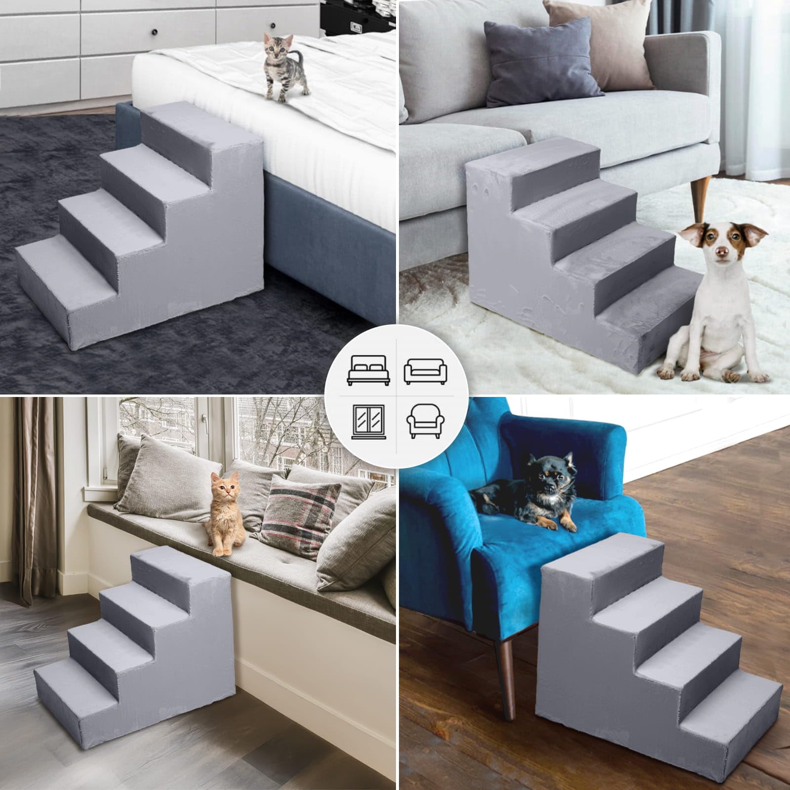 Mg Design Hundetreppe 4 Stufen in Grau – Stabiler Holzrahmen, gelenkschonend, leicht & mobil, für Sofa & Bett, für Hunde & Katzen