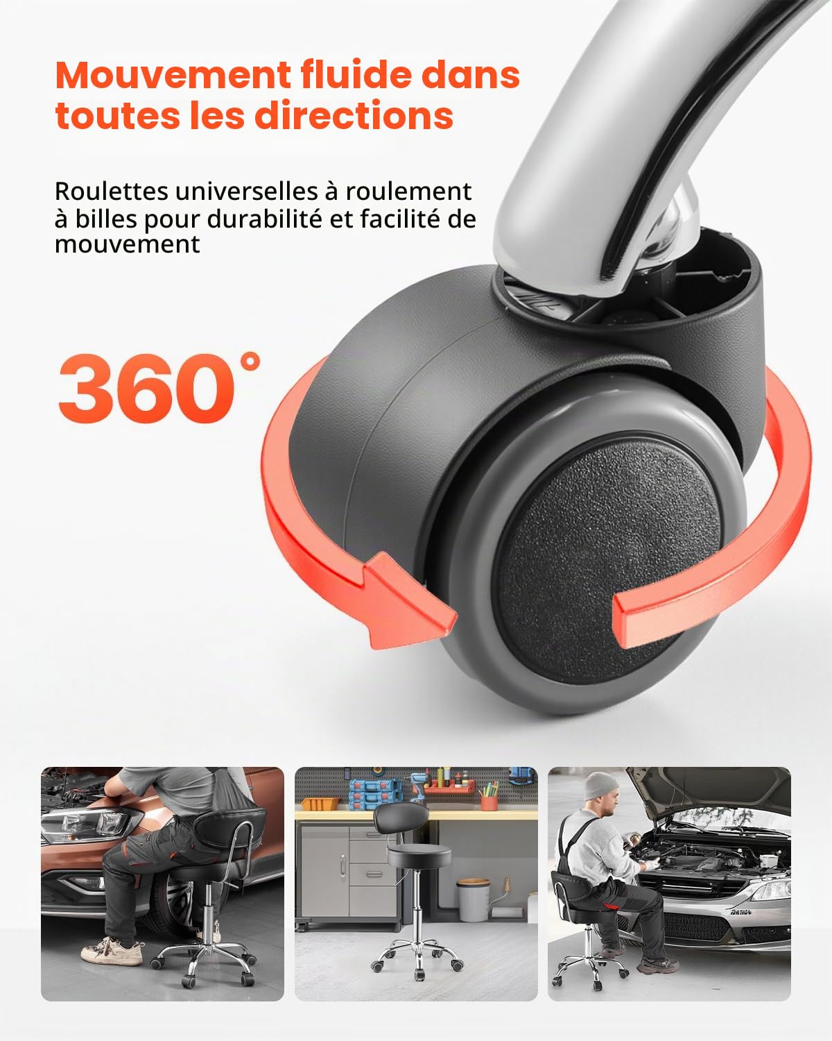 VEVOR Tabouret d'Atelier avec Dossier, Tabouret de Mécanicien sur roulettes Réglable, Capacité de Charge Maximale de 136 kg, Siège Pivotant à 360°, pour Entretien Réparation Automobile Garage, Noir