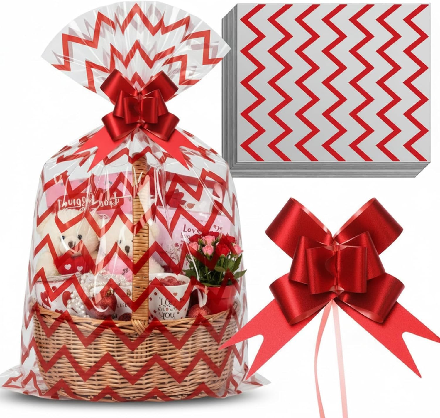 Teenyyou 24 Pcs Cellophane Bags for Basket 24 x 30 Inches & 24 Pcs Large Pull Bows, X-Large 2.5 Mil Thickening Plastic Cellophane Bags for Valentine's Day Birthday Party Gift Wrapping(Wave)