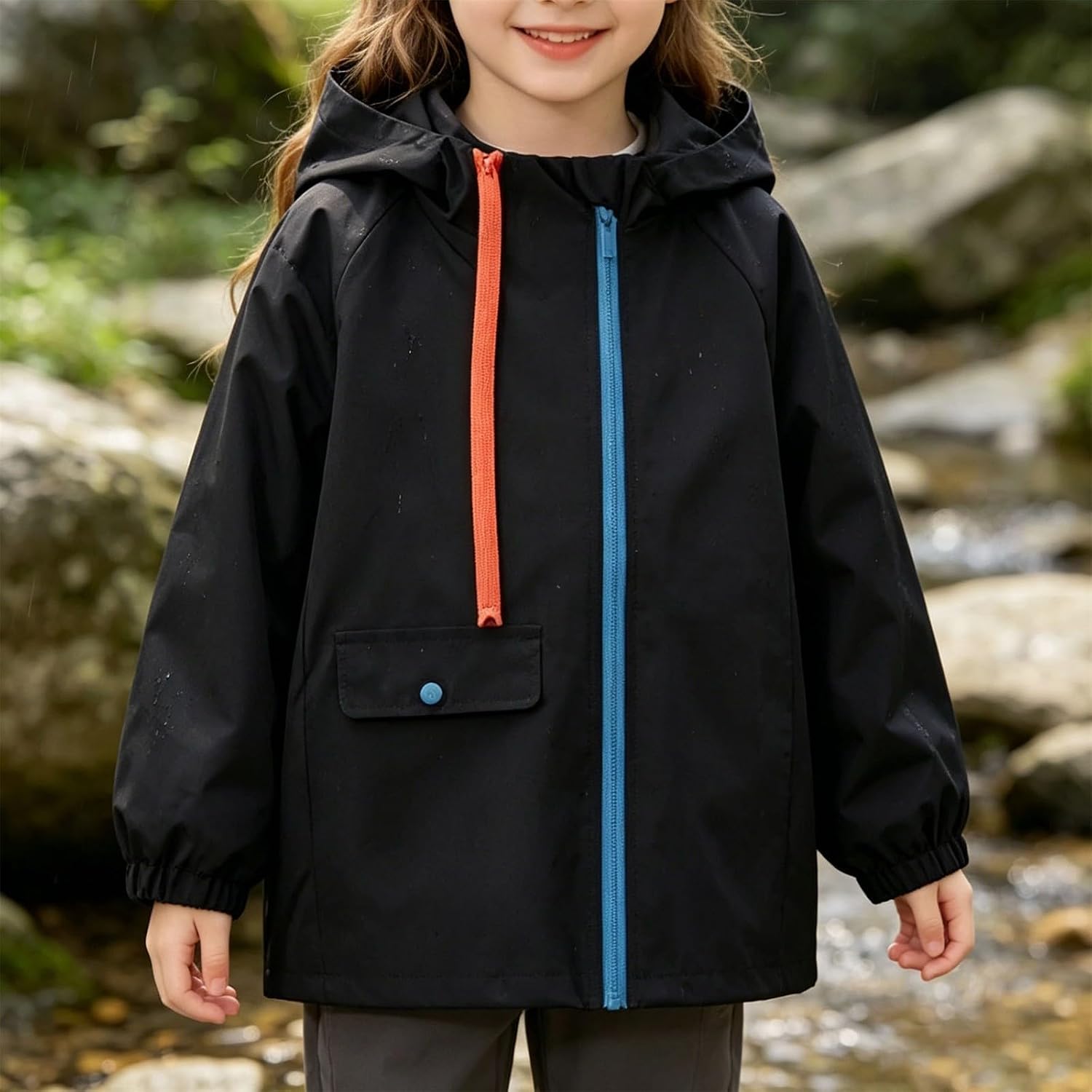 Boys Girls Full Zip Hooded Windbreaker Jacket Waterproof Raincoat Lightweight Quick Dry Outerwear Color Zipper & Pockets Coat