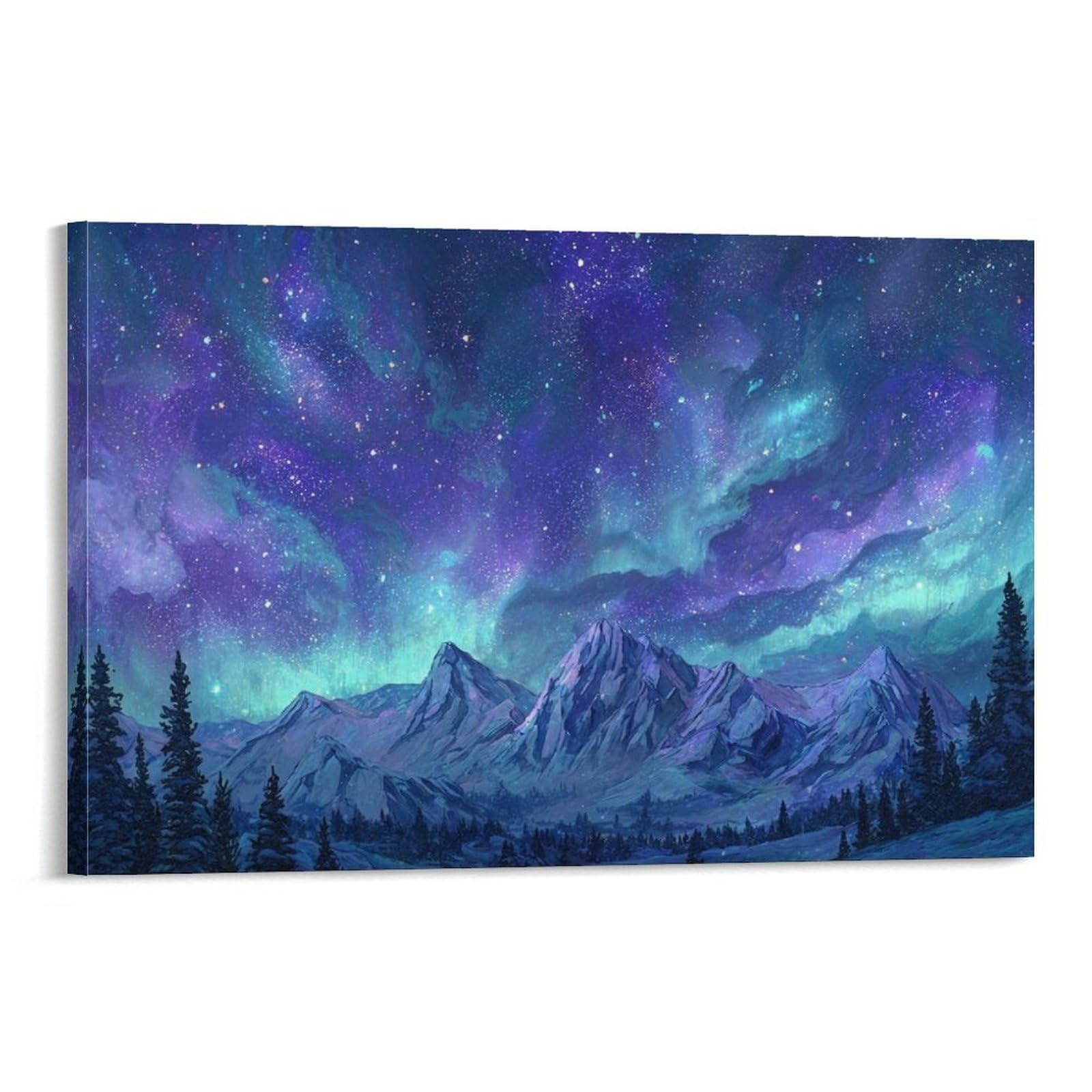 CPLVKWRQJ Starry Mountain Landscape 1 Piece Aurora Borealis Snowy Mountain Woodland Scene Canvas Print - Office Wall Art Fade Resistant Wall Focal Art Statement Piece 20x30inch(50x75cm)