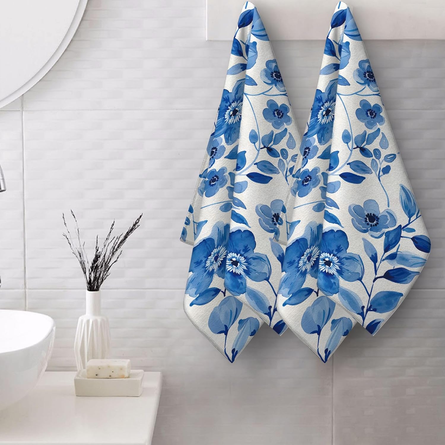 Blue Floral Hand Towels for Bathroom Decorative Set of 2 Soft Absorbent Watercolor Flower Bath Towels for Farmhouse Kitchen Home Spa Hotel Yoga Spring Summer Bathroom Decor Gifts 14"x28" - Image 3