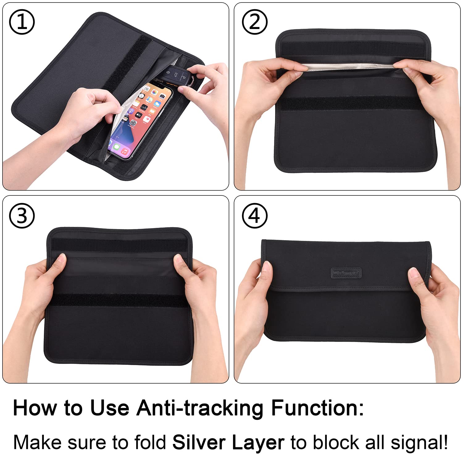 Wisdompro Faraday Sac de blocage de signal RFID, pochette de protection pour téléphone portable et clé de voiture, protection de la vie privée, anti-suivi, anti-espionnage – noir, format L