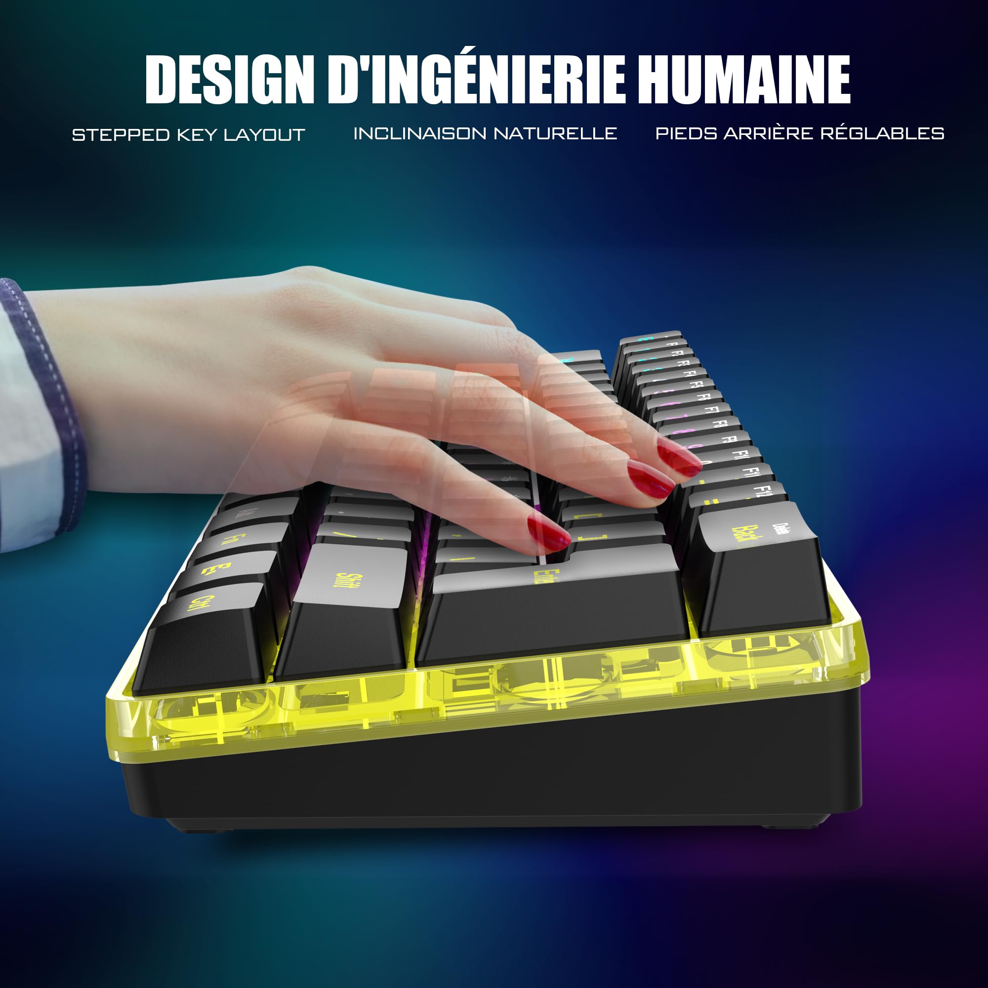 RedThunder K62 60% Clavier et Souris de Jeu sans Fil RVB，AZERTY FRANÇAIS 62 Touches Mini-Clavier Rétroéclairé Ultra-Compact，Souris Optique Cellulaire Légère，kit Portable pour PC PS5 Xbox Gamers(Noir)