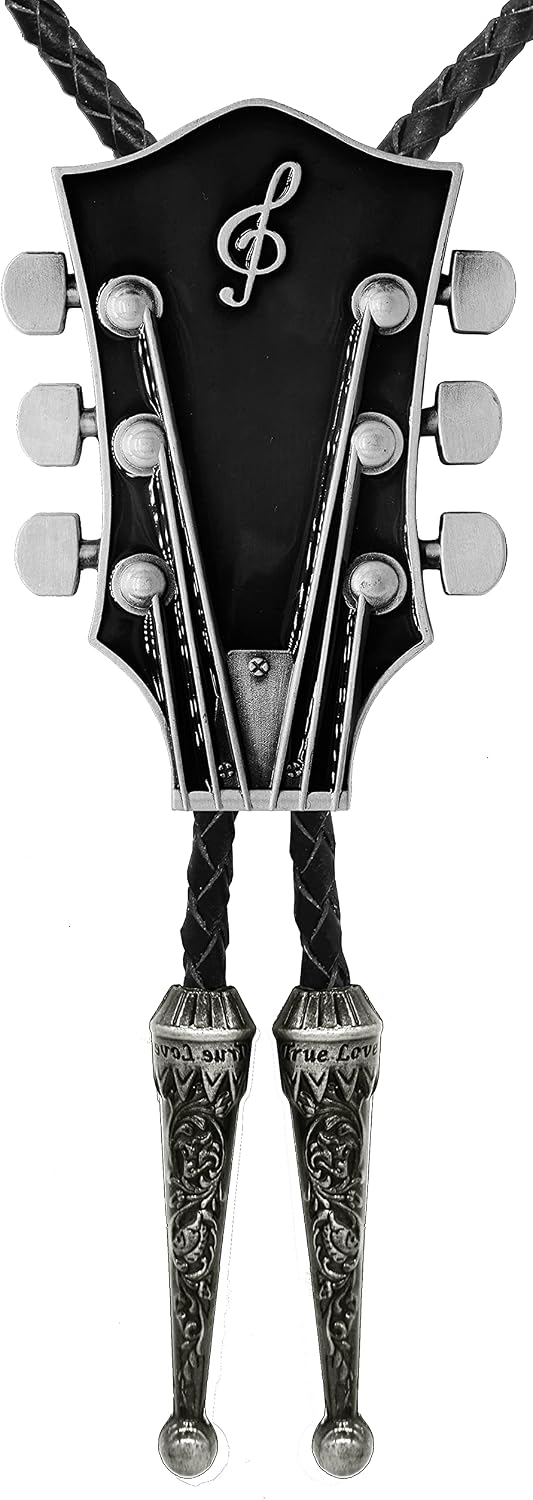 Moranse Bolo Tie With Guitar Music Lover Design Cowboy and Genuine Cowhide Rope