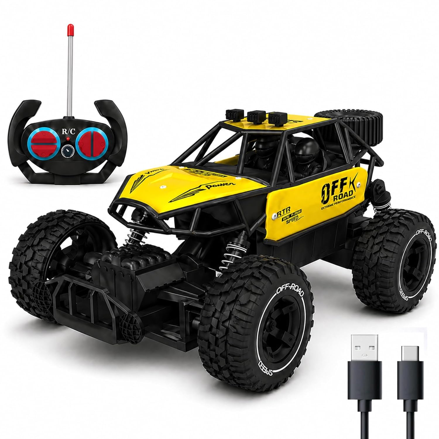 Fenke Yellow RC Car Rock Crawler Remote Control Car with LED Headlight, Rechargeable Battery High Speed Off Road RC Car, Monster Truck Toy Car for Kids & Boys 7-14 Years | Remote Control Car Toy Gift-image-3