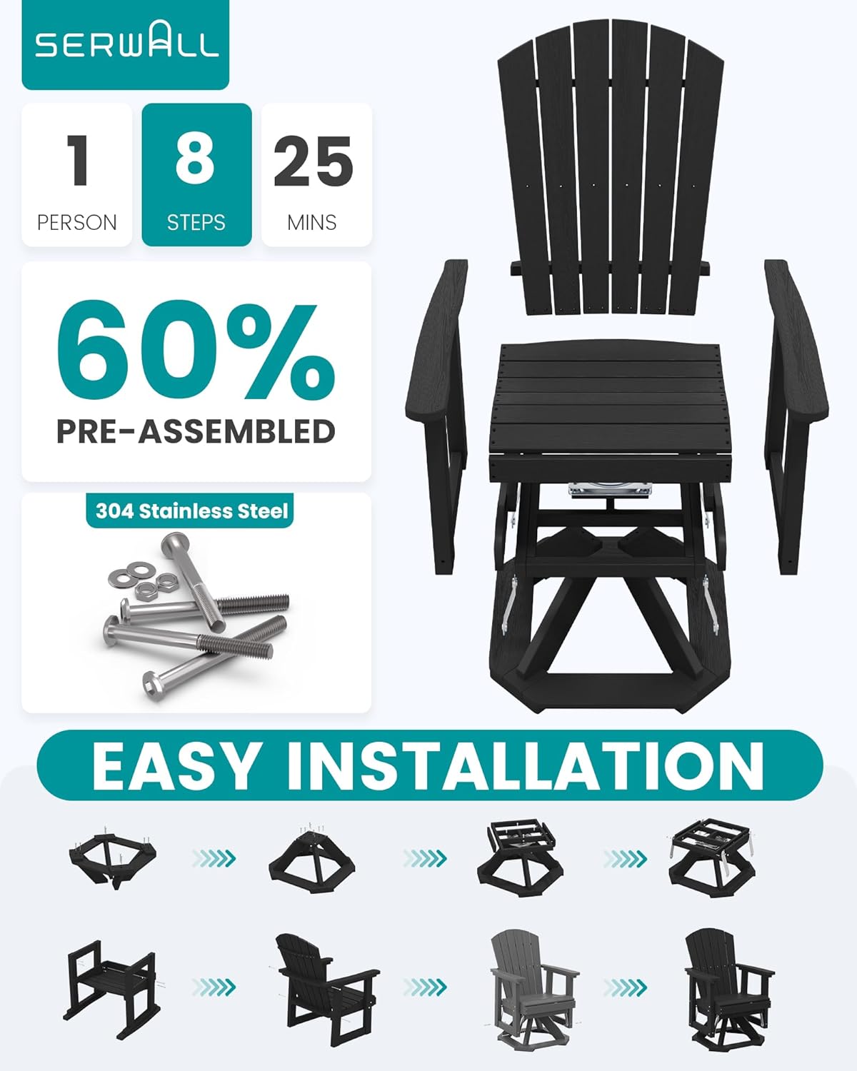 SERWALL Adirondack Swivel Glider Chair, HDPE Glider Set of 2 for Outdoor, All-Weather Glider Chair for Porch, Balcony, Midnight Black