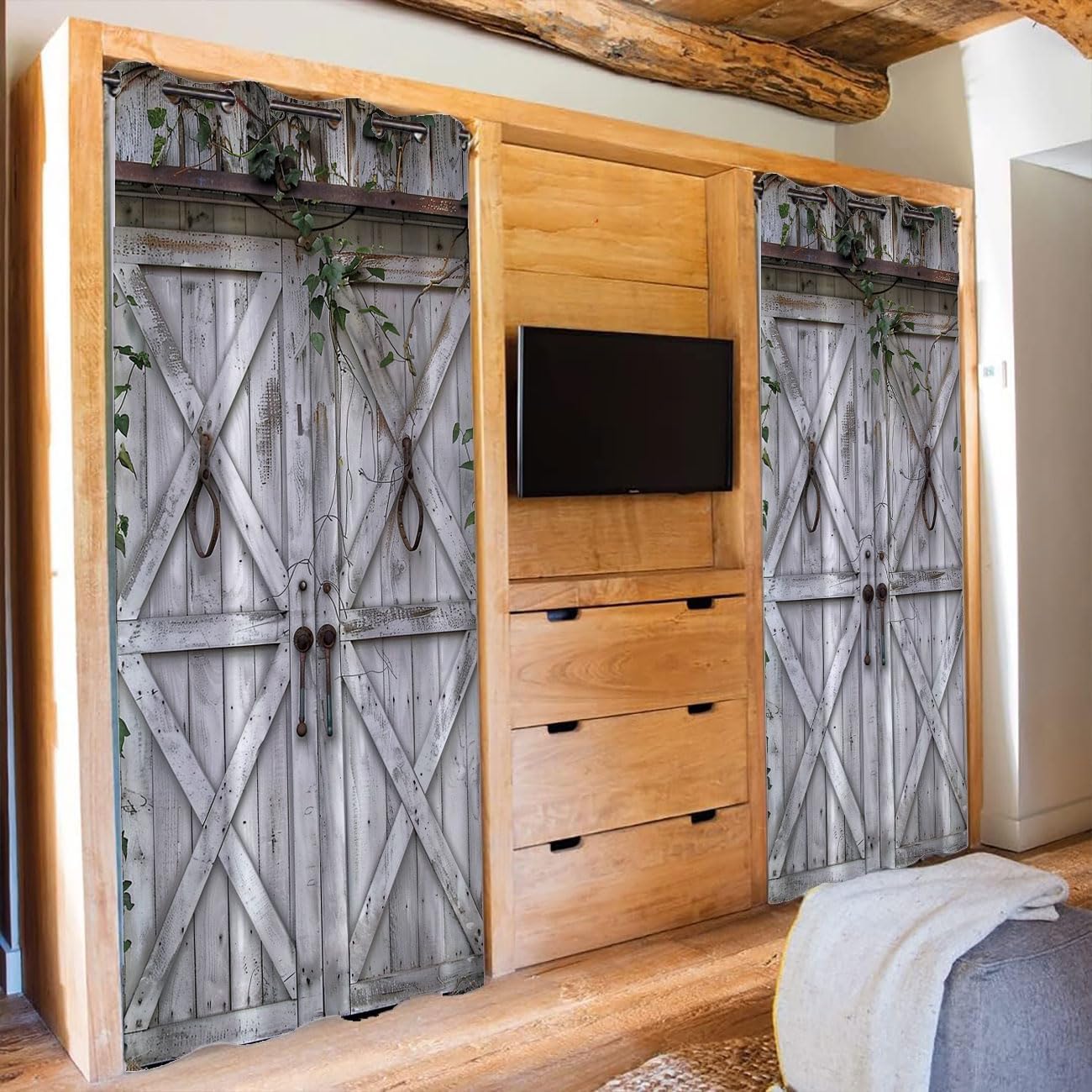 Rustic Wooden Barn Door Doorway Curtain, Farmhouse Wood Board Plank Country Vintage Green Leaves Closet Door Cover Curtain for Privacy Bedroom Doorway Living Room, 1 Panel 34" W X 80" L