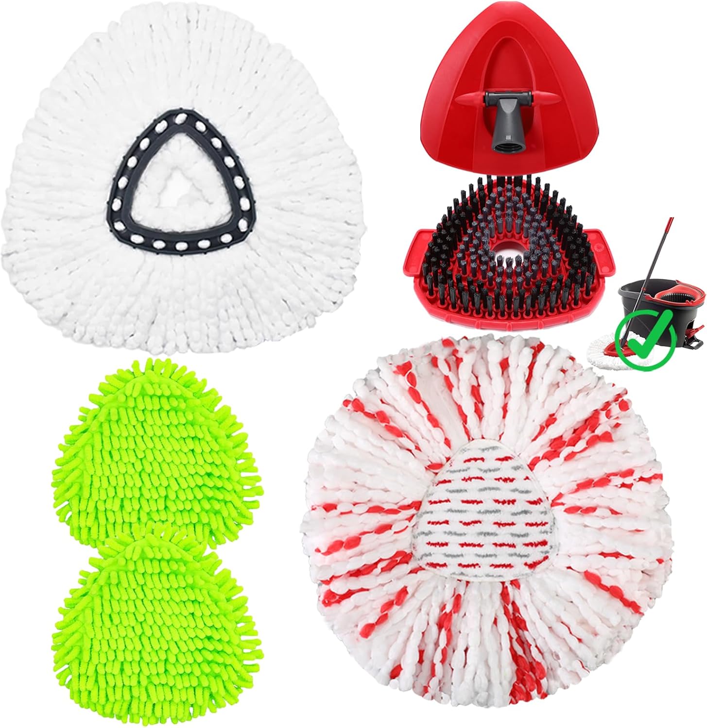 Upgrade Mop Heads Replacements for Ocedar, Spin Mop Scrub Brush Replacement Head for O Cedar Easywring 1 Tank System, 2 Mop Head Refills, 2 Chenille Mop Pads, 1 Spin Base, 1 Scrubber Head for O-Cedar