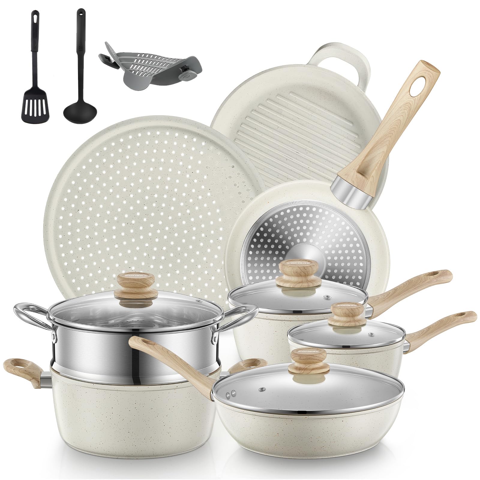 FOHERE Batterie De Cuisine 15 Pièces En Céramique Anti-Adhésive Induction - Poêles, Casseroles, Sauteuse, Pot Vapeur & Plateau Pizza Blanc Sans PFOA