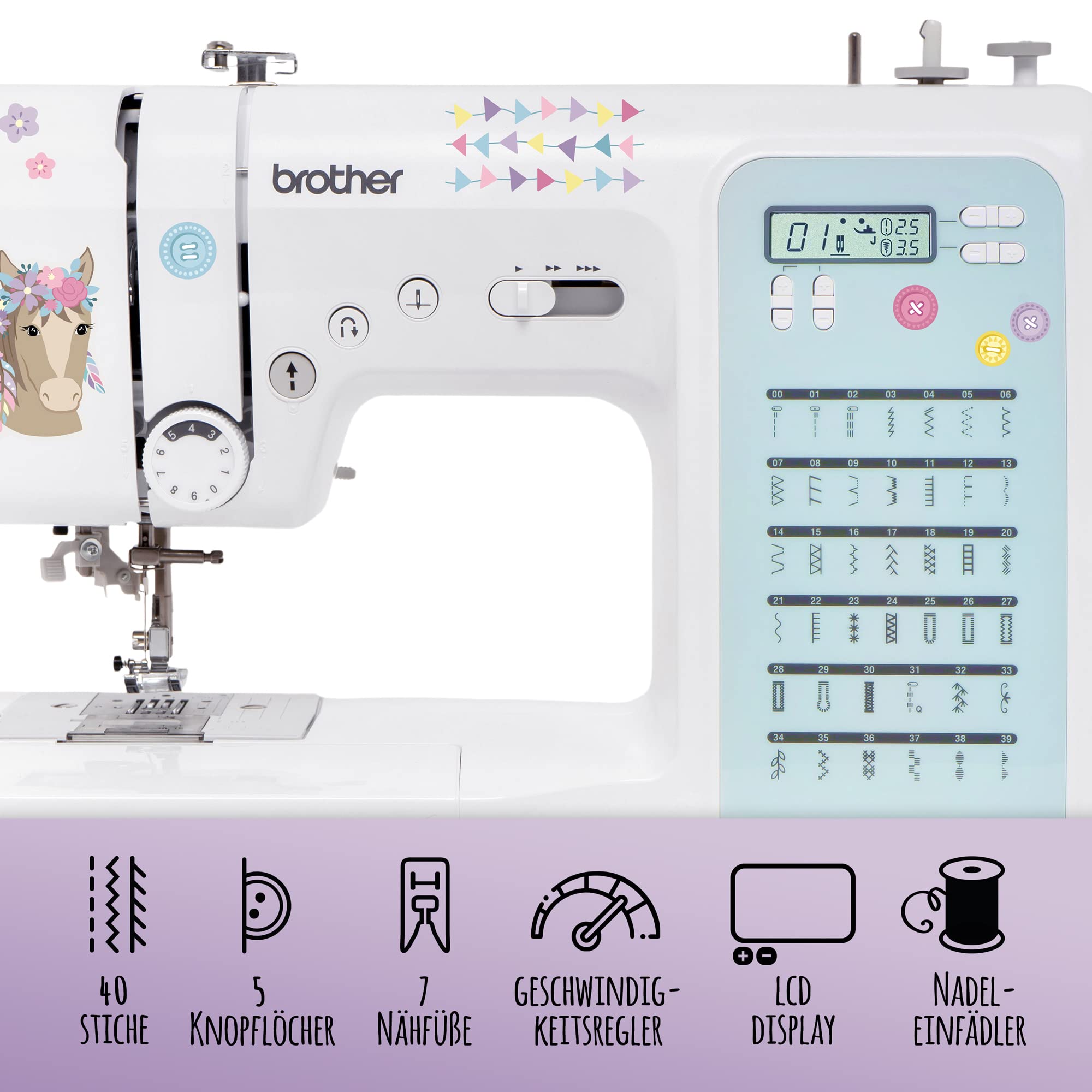 Computer Nähmaschine für Einsteiger & Fortgeschrittene: brother FS-40s kullaloo edition, inkl. Nähset, Fingerschutz & Stickern
