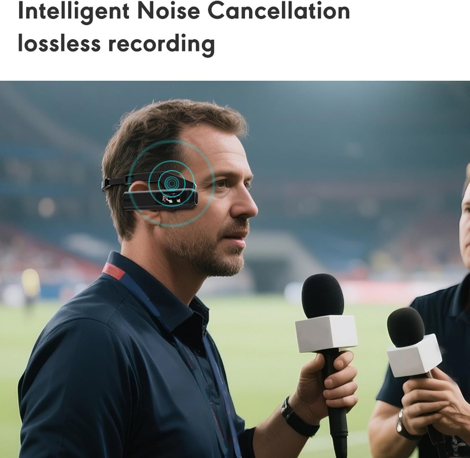 Man wearing the Fabater Head-Mounted Camera, with a graphic illustrating intelligent noise cancellation around his ear.