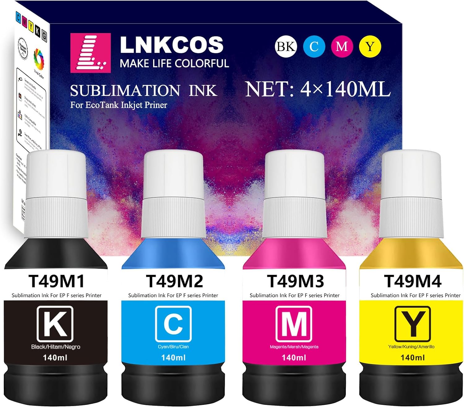 T49M 4×140ML T49 T49M Sublimation Ink for SureColor F170 F570 Printer (T49M1 Black, T49M2 Cyan, T49M3 Magenta, T49M4 Yellow, 4 Pack)