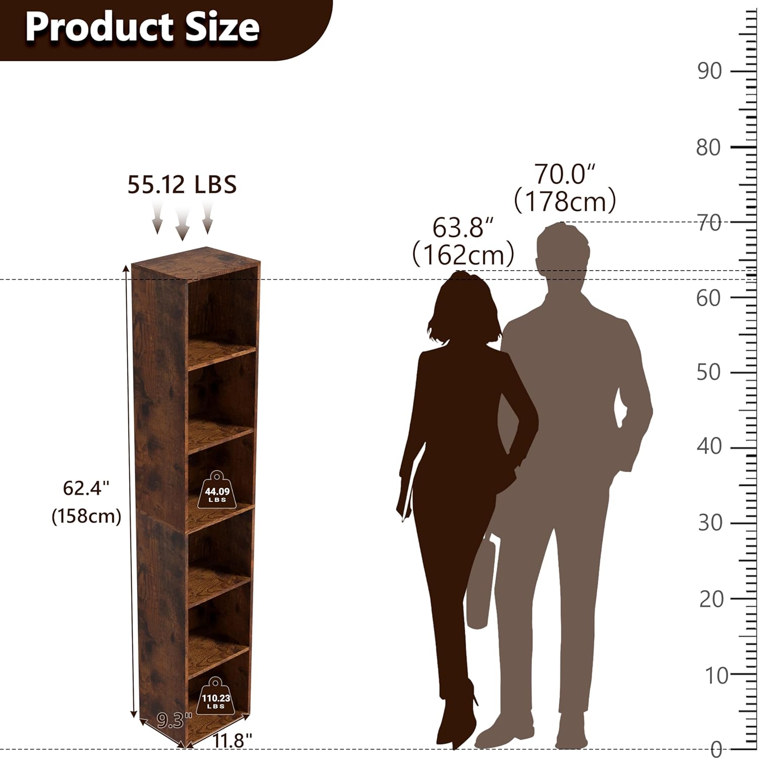 6-Tier Wooden Cube Storage Organizer, 62 Inch Tall Bookcase & Display Shelf with 6 Open Cubes, Freestanding DIY Closet Shelving Unit for Living Room Office(Retro Brown, 6 Cube-W(11.8inch)