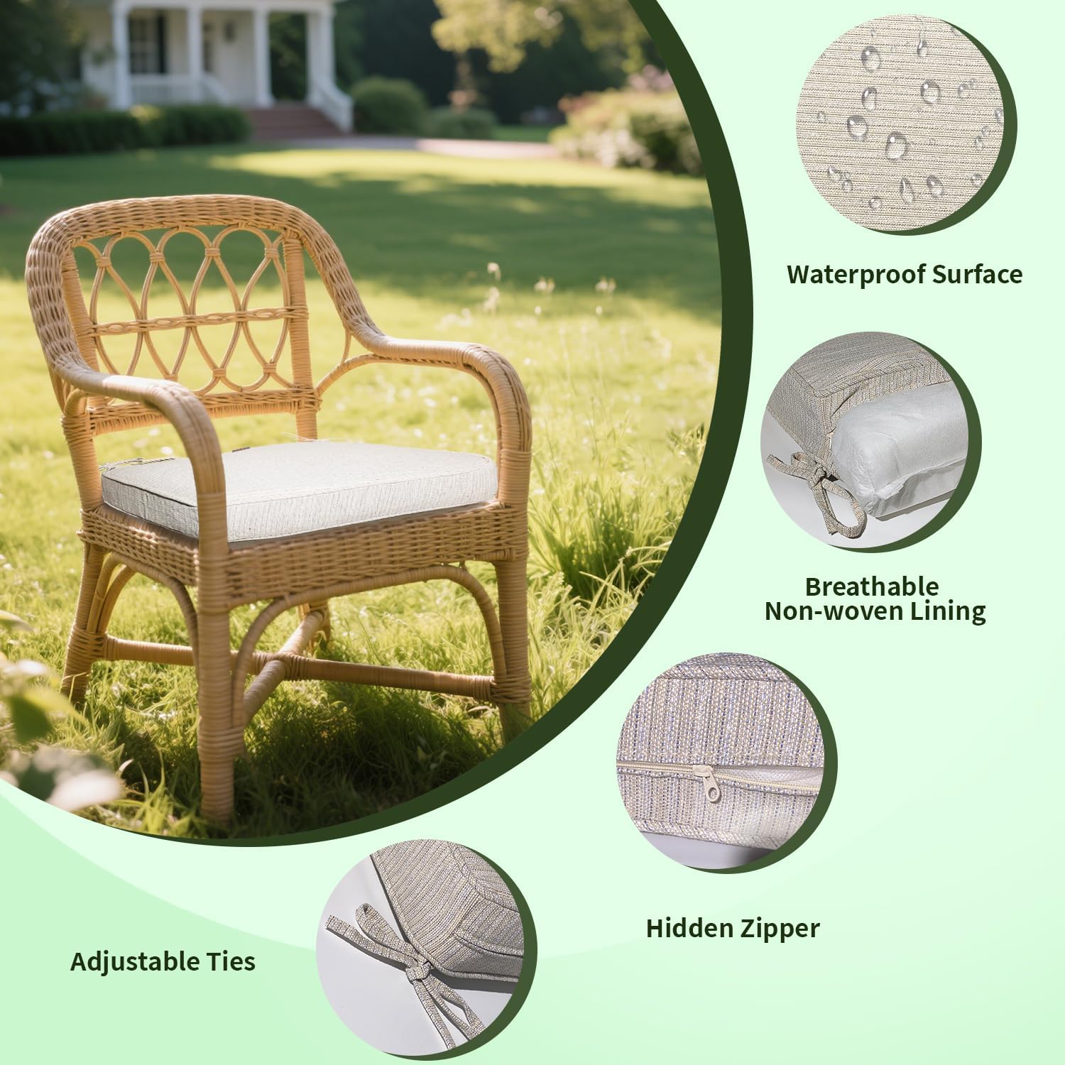 18"x18"x3" Square Chair Cushion Set of 2, Waterproof Cushions for Dining Chairs with Ties, Fade Resistant & Comfortable Seat Pads for Couch, Beige