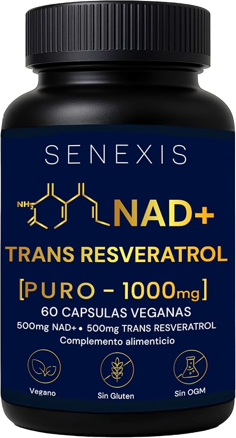 NAD Resveratrol Puro 1000 mg, 60 Cápsulas Veganas, NAD+ y Trans-Resveratrol | 500mg NAD, 500mg Transresveratrol, Energía Celular, Antioxidante, Sin Gluten y OGM, Apoyo Mitocondrial, Cognición, Antiedad
