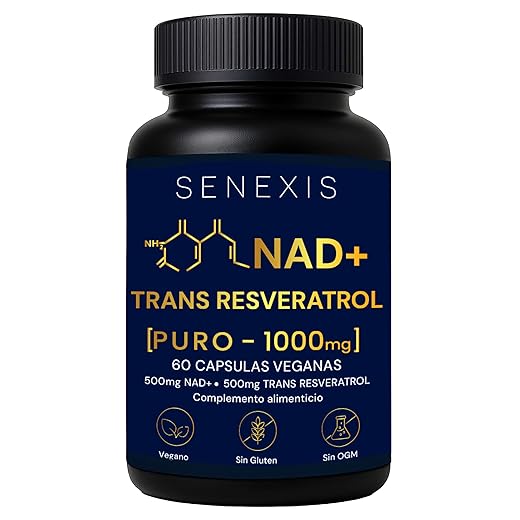 Nad Resveratrol Puro 1000mg, 60 Cápsulas veganas, 500mg NAD + 500mg Trans-Resveratrol, Energía Celular, Antioxidante, Sin Gluten, Sin OGM, sin GMO - Apoyo Mitocondrial, Cognición, Antiedad