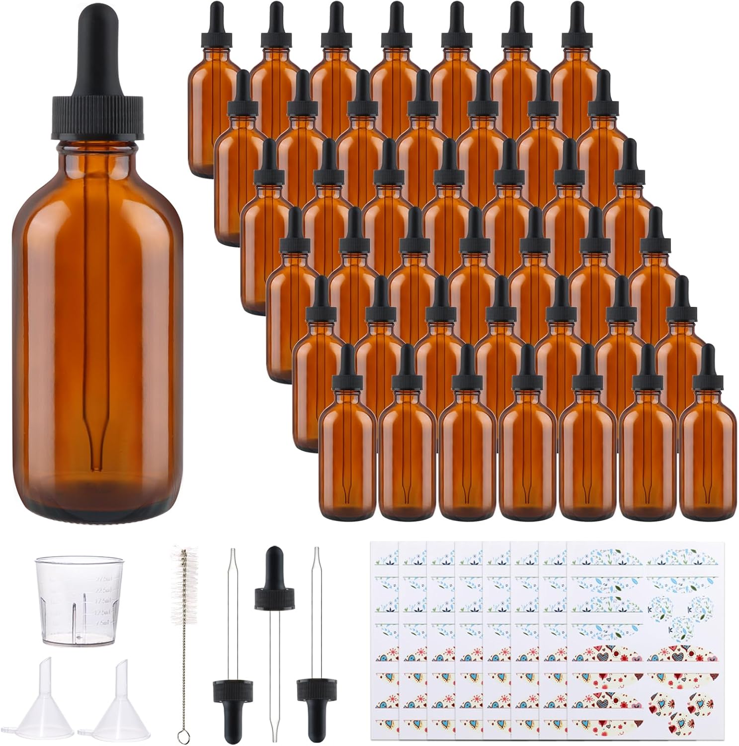 42 Pack 4oz Clear Glass Bottles with Glass Eye Droppers for Essential Oils, Perfumes & Lab Chemicals (Brush, Funnels, 3 Extra Droppers, 48 Pieces Labels & 30ml Measuring Cup Included)