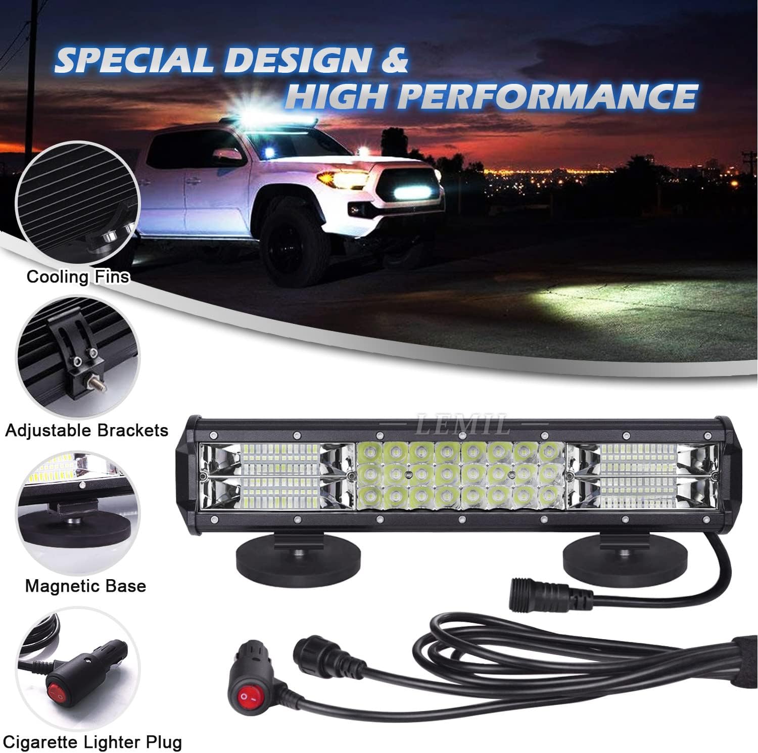 LEMIL LED Light Bar 15" 216W Magnetic Triple Row Flood Spot Combo Beam Work Lamp With Cigarette Lighter Plug, High Power Wire Harness Kit for SUV ATV UTV 12V